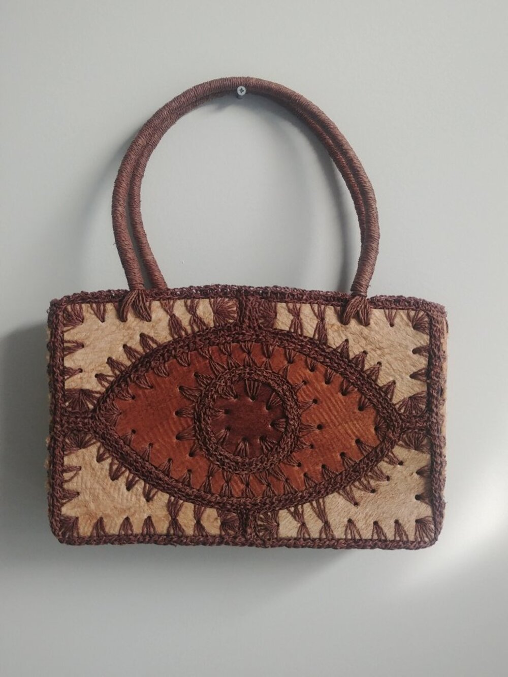 Paper straw leather look brown and tan woven handbag purse bag